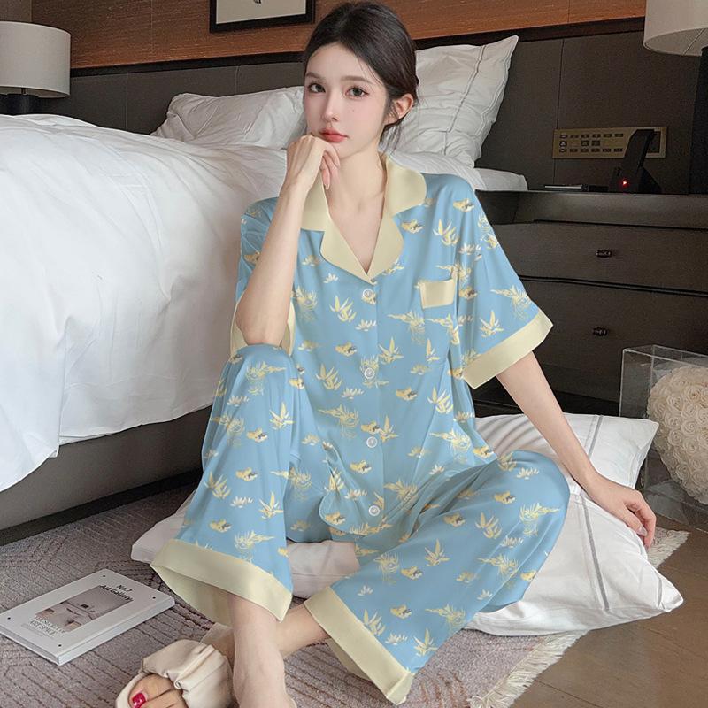 New Chinese Style National Style Bamboo Leaf Simulation Silk Pajamas Women'S Summer Short-Sleeved Trousers Thin Skin-Friendly Loungewear