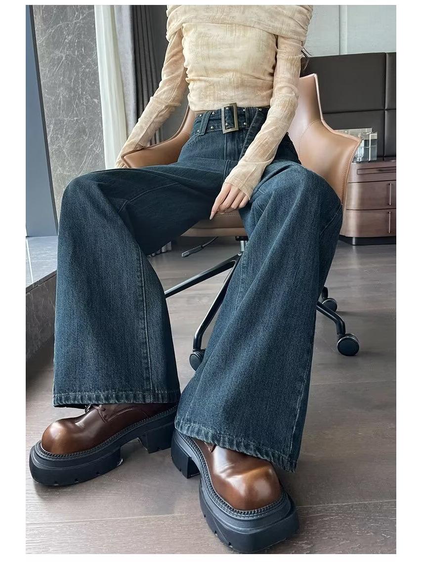 

Винтажные американские джинсы клеш с высокой посадкой для женщин (Весна/Осень 2024) – Свободные брюки прямого кроя в пол 2XL темно-синий