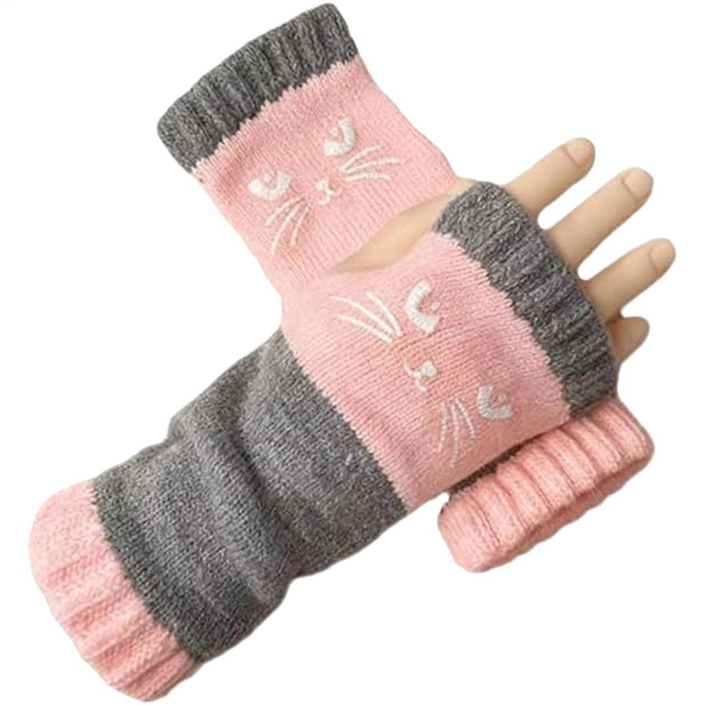Knit Fingerless Gloves Cat Embroidery Outdoor Warming Supplies Warm Open Finger Gloves for Cat Lovers Women Girls Ladies Mothers