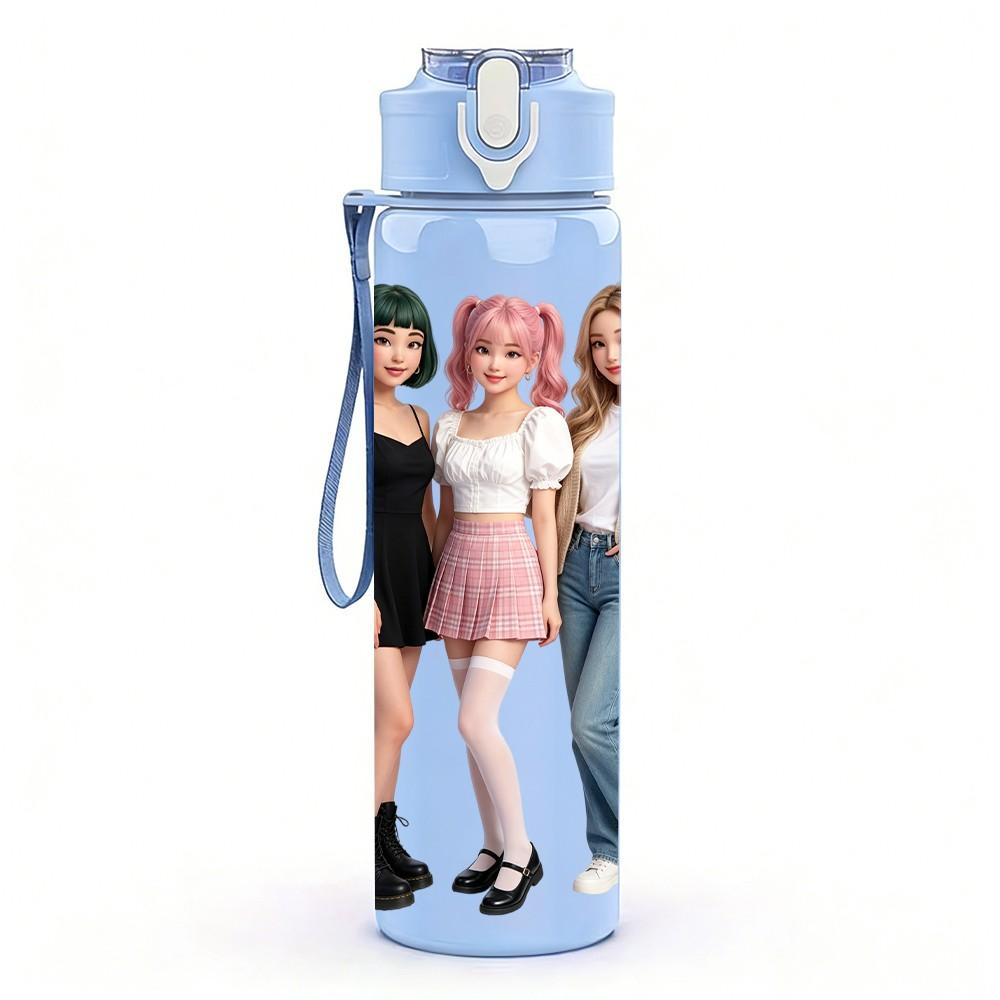 1PC Three Young Ladies Casual Group 750ml Color Plastic Sports Water Bottle Leakproof Flip Straw Lid Suitable for Sports Office Home Use