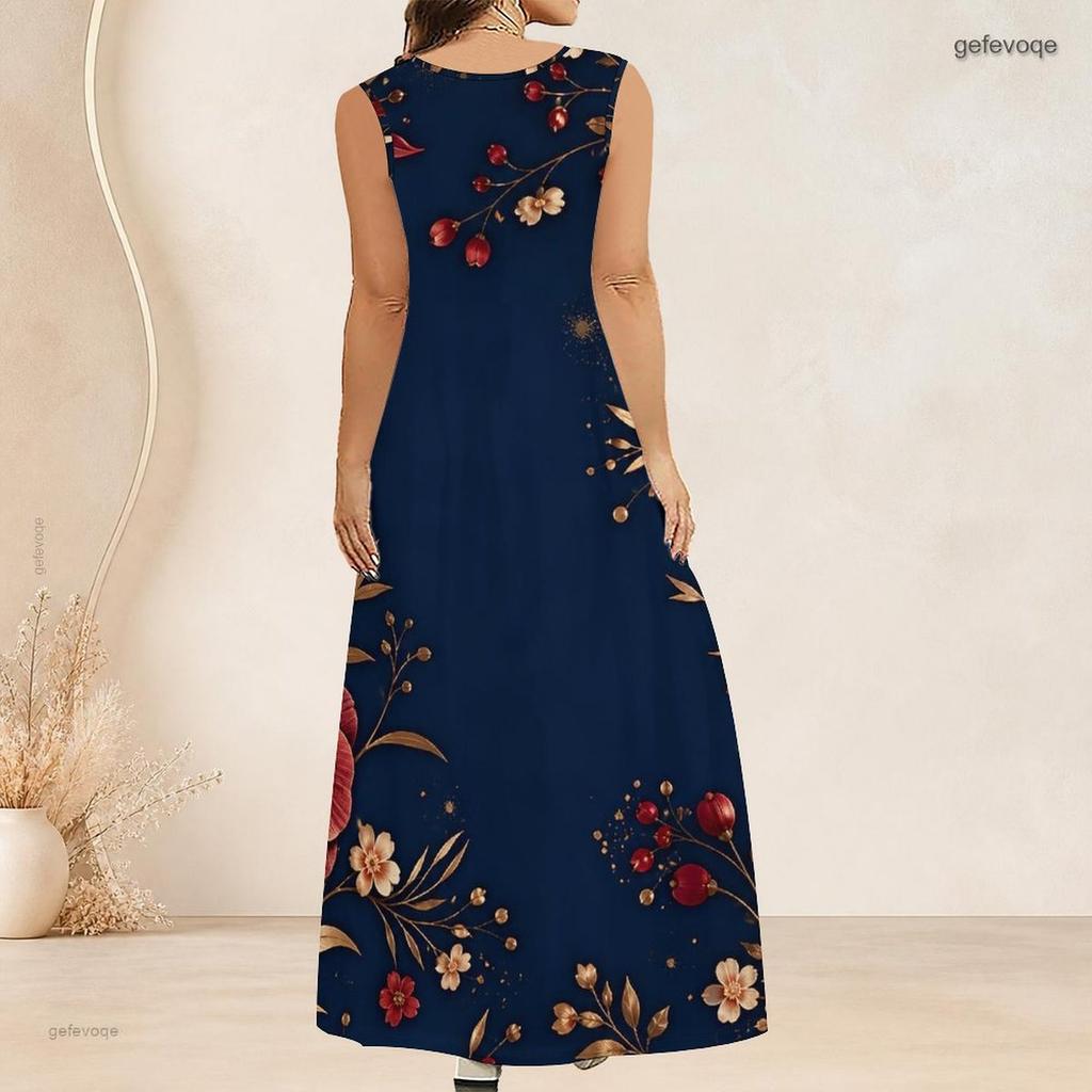 Women Plus Size Scoop Neck Sleeveless Floral Butterfly Printed White A Line Long Dress