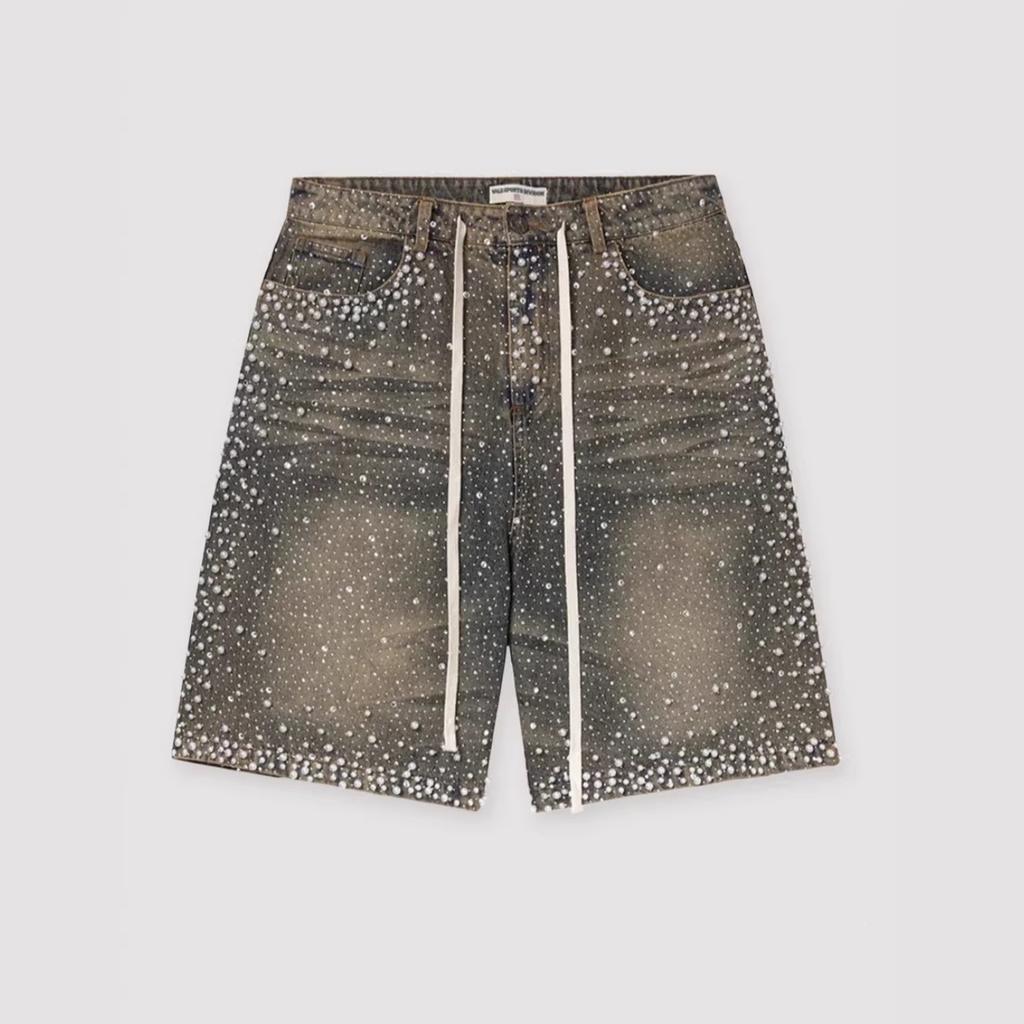 Street Hot Drill Full Diamond Denim Shorts European and American Heavy Industry Old American Retro Loose Straight Five Points