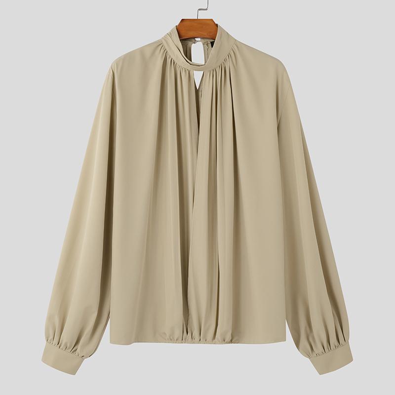 

INCERUN Men Puff Long Sleeve Shirts Deep V Neck Cutout Ruffled Casual Loose Tops 5XL хакі