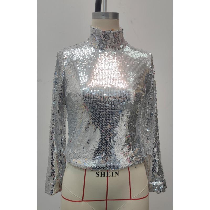 Women's Summer High Neck Temperament Sequins Long Sleeve Top