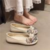 Fashion Flat Single Shoes Autumn New Round Toe Shallow Mouth Slip-on Rhinestone Bow Non-Slip Low Top Shoes