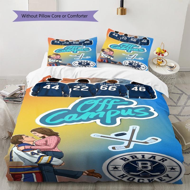 Off Campus Cartoon Couple Character Print 3 Pieces Duvet Cover Set Hockey Romance Theme Bedding Bedroom Home Decor Without Pillow Core