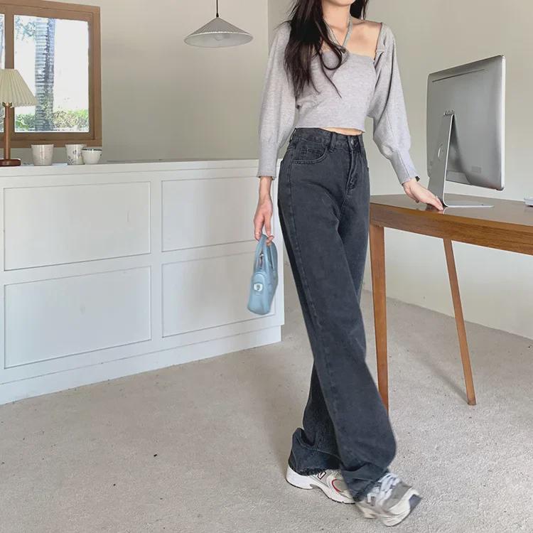 High Waist Women's Wide-Leg Jeans: Hong Kong Style, Loose Fit, Straight-Leg, Slimming Autumn Trend