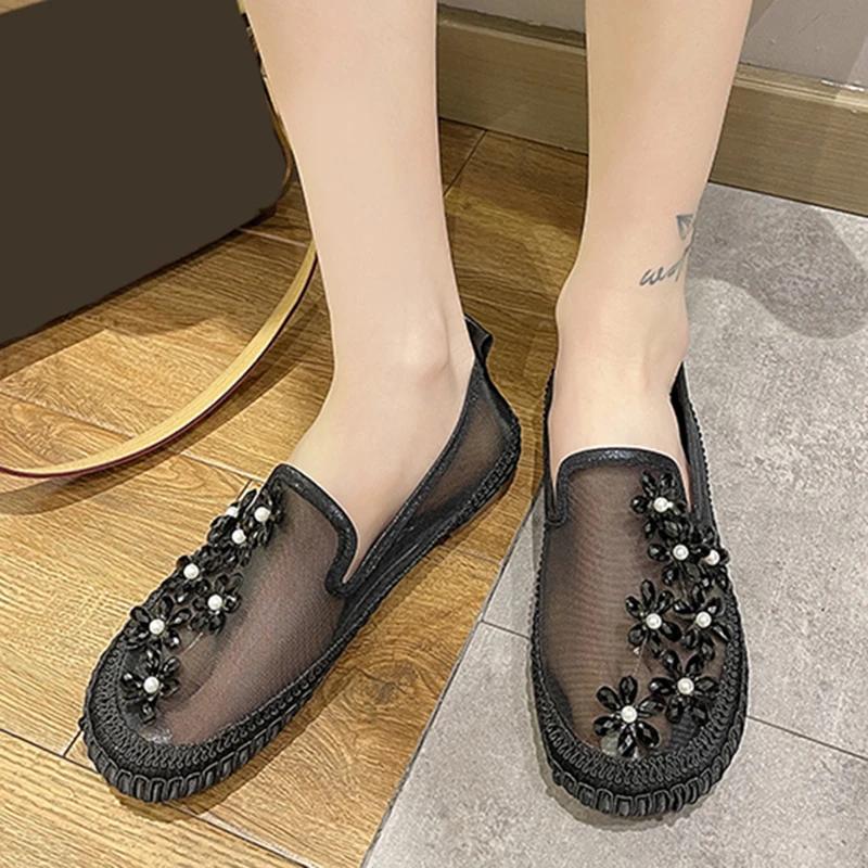 Maogu Casual Flat Shoes Woman Fashion Slip-on Ballet Flats 2024 Trend Mesh Crystal Loafers Women's Comfort Breathable Summer 40