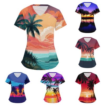 Women's Fashion V-neck Short Sleeve Workwear With Pockets Printed Tops
