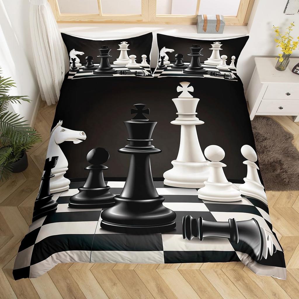 International Chess Duvet Cover for Teens Adults Queen Size Lightweight Down Room Decor 2 Pillowcases 1 Comforter Cover No Quilt