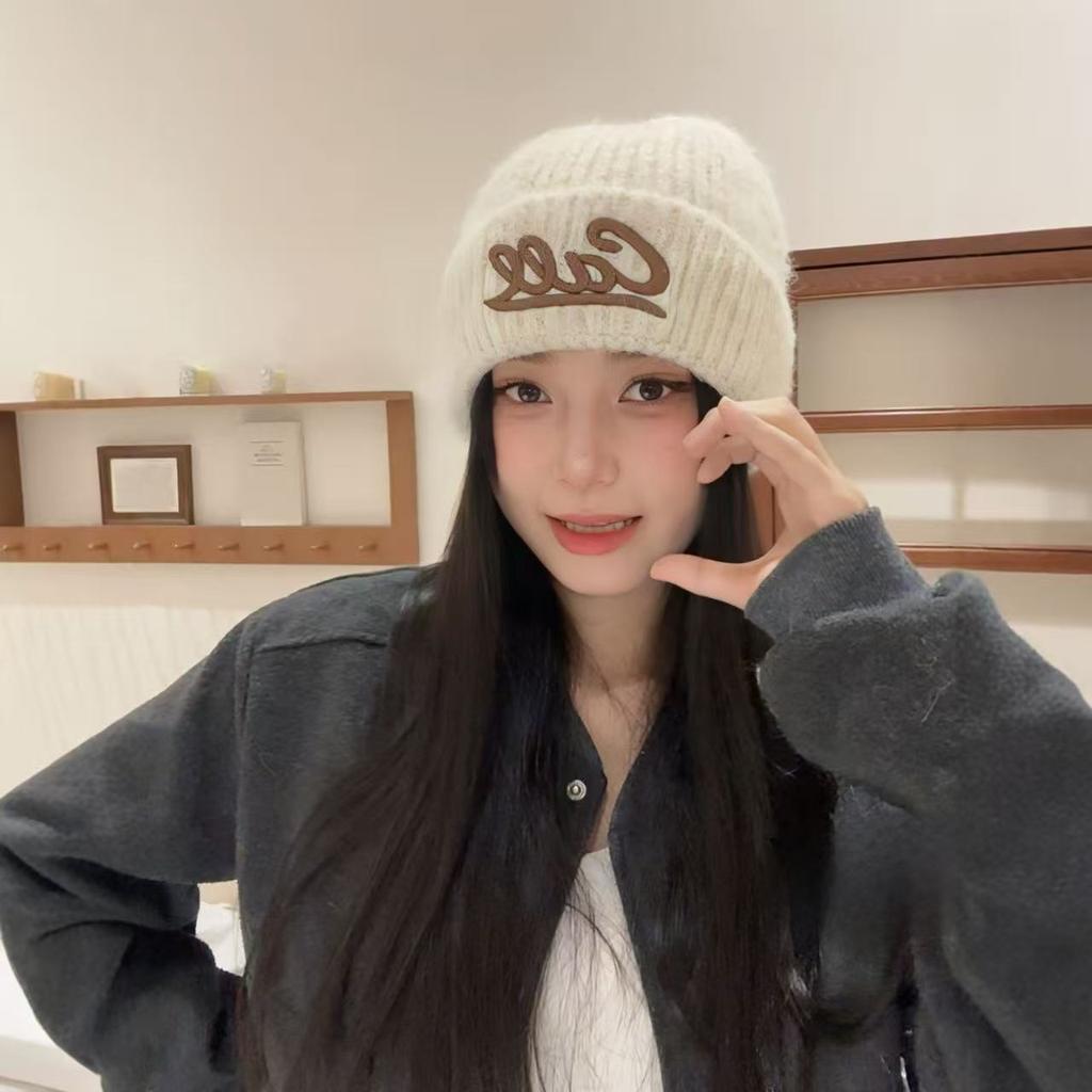 Autumn and winter new fashion letter embroidery knitted hat Korean version versatile solid color big head circumference shows the face small warm