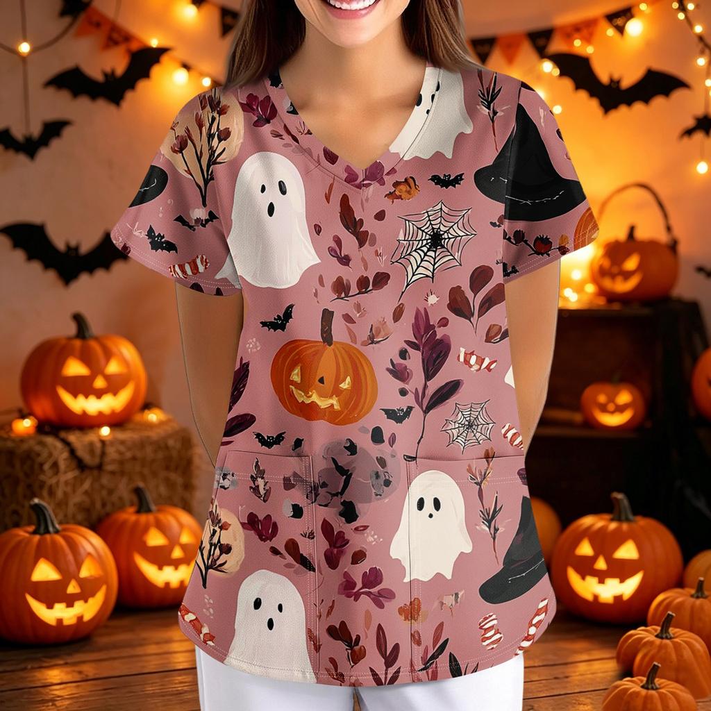 Women V Neck Short Sleeve Scrub Top with Halloween Print Loose Fit Nursing Uniform with Pockets for Healthcare Work
