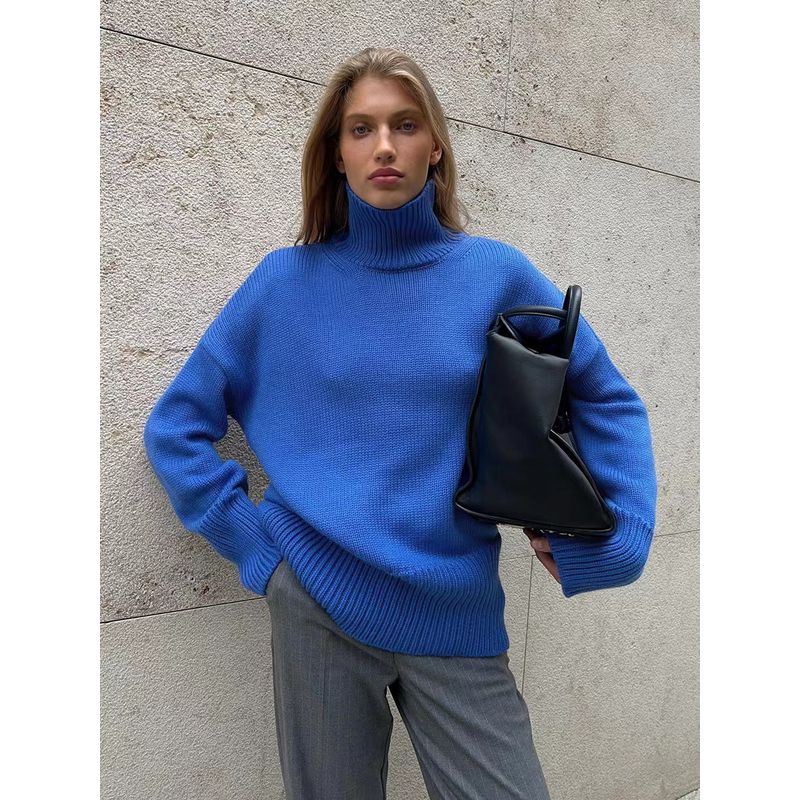 

Fashion Style New Arrival Women s Clothing Pure Color Turtleneck Knitting Pullover Sweater High Neck Knitted Sweater Blue M