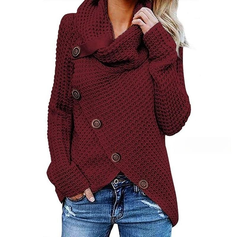 Autumn and Winter Solid Color Thick Sweater Women New Single-row Diagonal Buckle Long-sleeved Asymmetric Knitwear Women