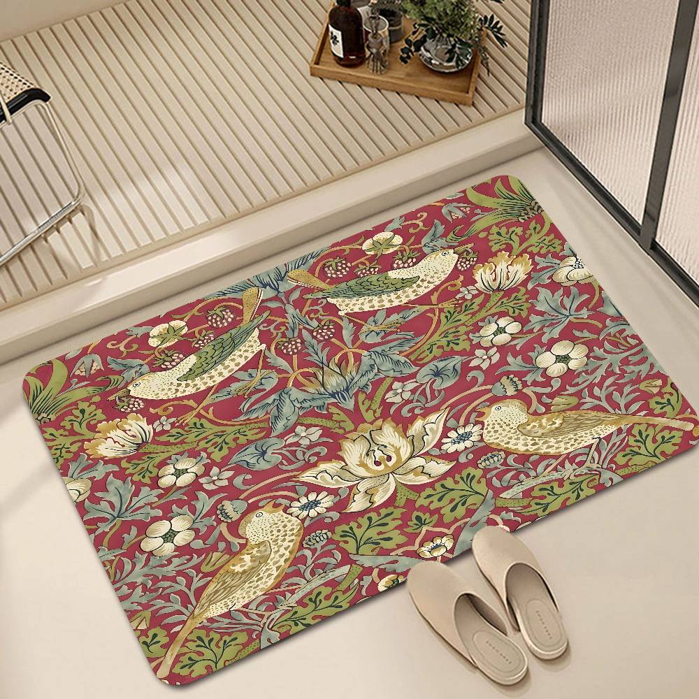 W-William Morris Strawberry Thief Floor Mat Suitable For Living Room Kitchen Bathroom Non-slip Mat Household Foot Mat