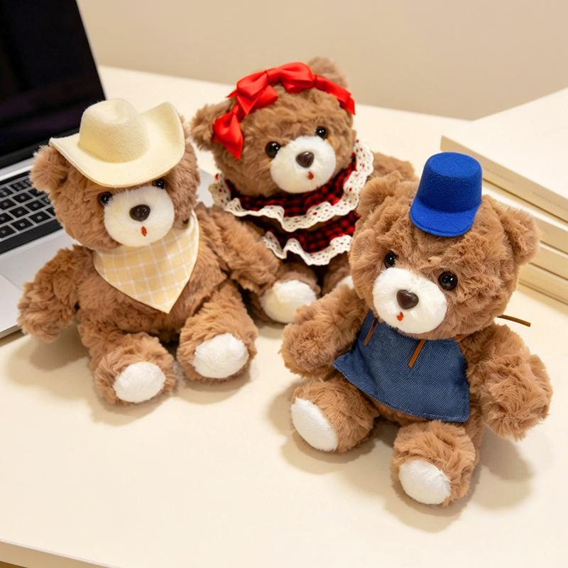 Stuffed Bear Plush Toy 3 Styles Brown Bear Cowboy Hat Red Bow Blue Hat Soft Plush Desk Ornament Home Office Room Decor Gift