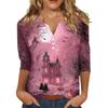 Women's Halloween Print V-Neck Short Sleeve T-Shirt with Decorative Buttons for Casual Fall Outfits