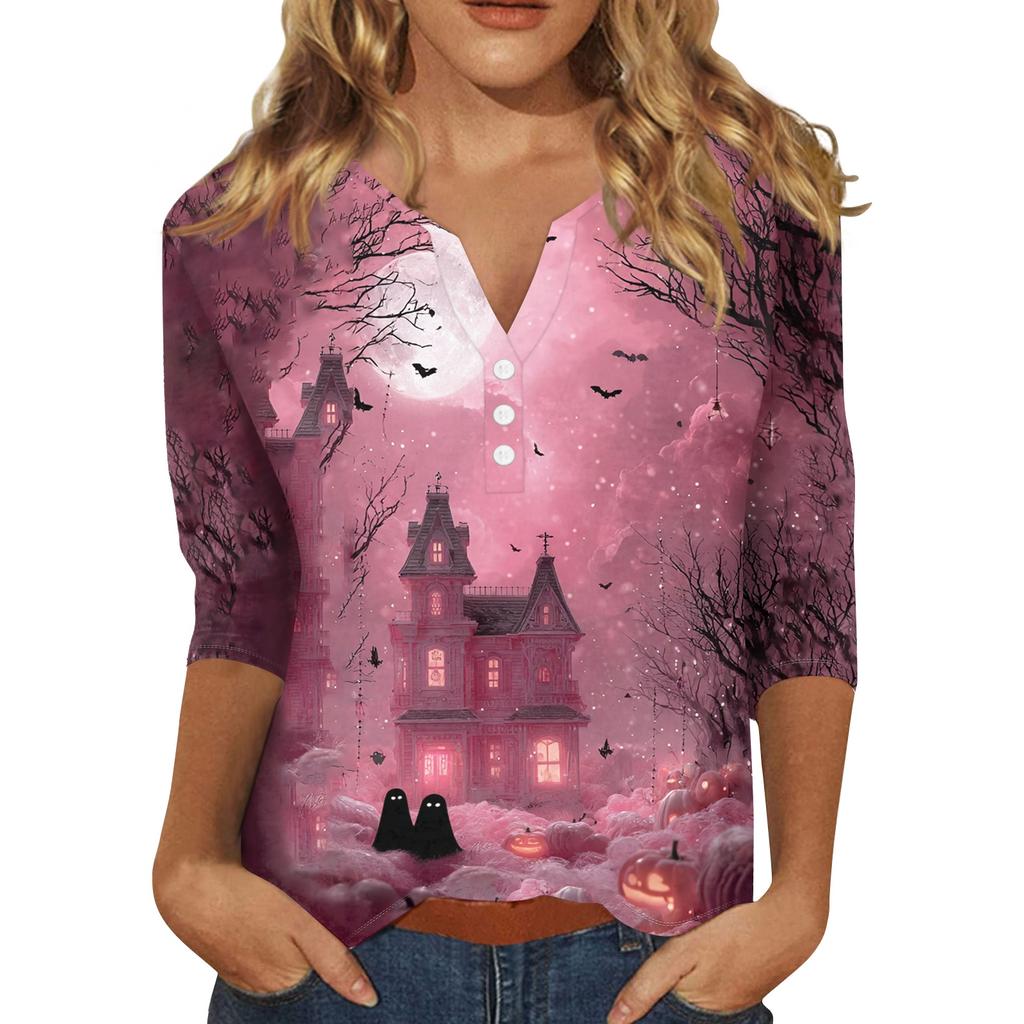 Women's Halloween Print V-Neck Short Sleeve T-Shirt with Decorative Buttons for Casual Fall Outfits