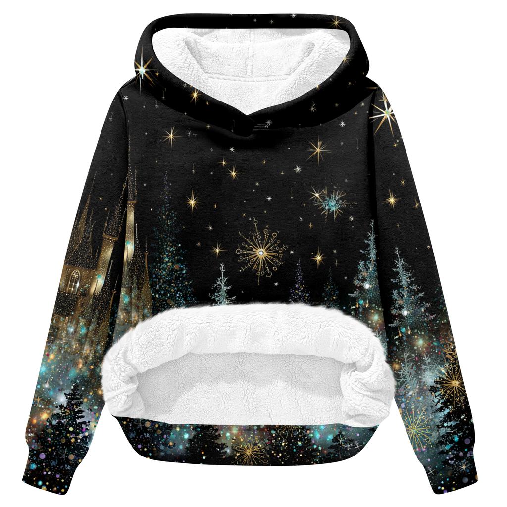 Women's Casual Fashion Plus Velvet Thickened Christmas Print Hooded Sweatshirt