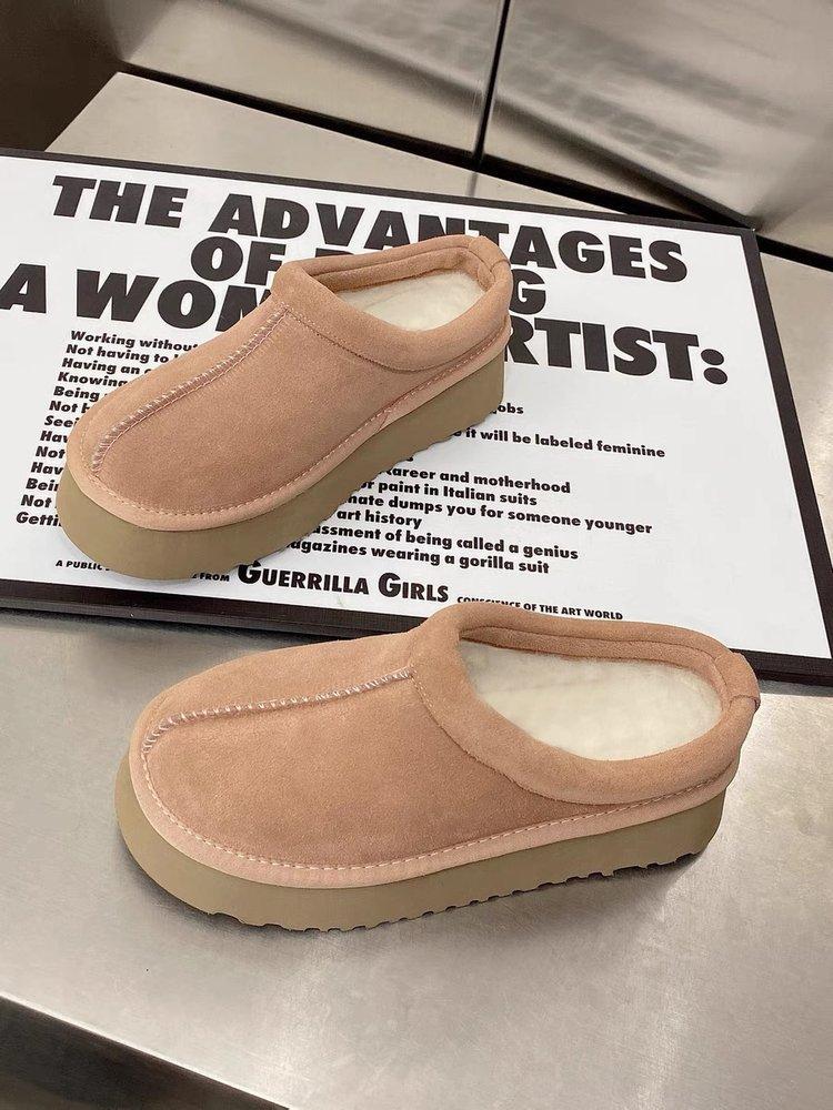 Soft Leather Version~ Cotton Slippers Women's Autumn and Winter Velvet Thickened Warm Snow Cotton Shoes Thick Sole One Pedal Lazy Shoes Outside