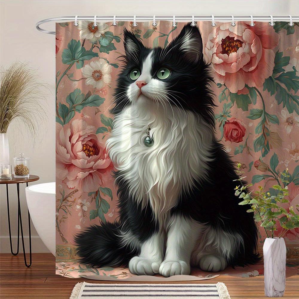 

Elegant Black And White Cat With Flowers Shower Curtain Waterproof Easy To Clean Privacy Protection Print Pet Art Design Vintage W60H190(CM)-1 Pcs