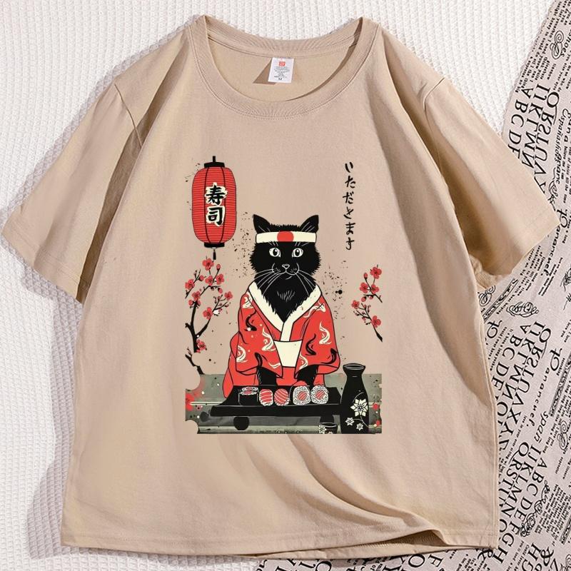 Japanese Sushi Cat Kitten Tshirt Men Women Manga Top Tee Retro Short Sleeve Oneck Cotton Tees Cat Printed Man Clothing Y2k