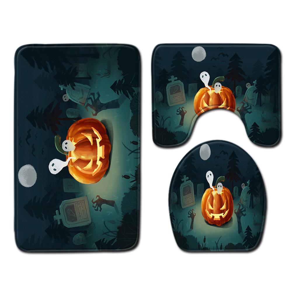 Halloween Bathroom Shower Curtain Floor Mat Combination Four-Piece Set Bathroom Toilet Carpet Door Mat