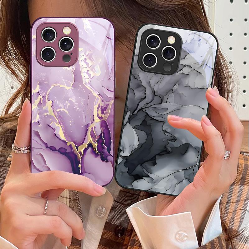 Pink Marble Pattern Black For IPhone 16 Pro Max 15 Pro 14 13 12 Mini 11 XS M Ax XR 7 8 Plu SE 2022 Tempered Glass Phone Case