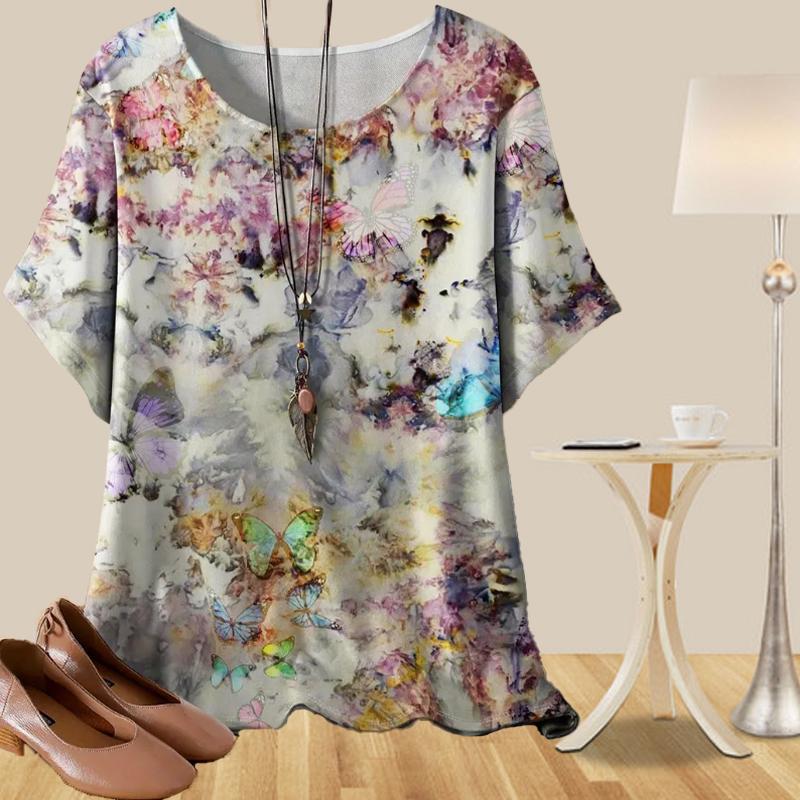 Women's Fashion Casual Loose Spring Shirt Women's Short Sleeve Graffiti Golden Butterfly Printed Tops