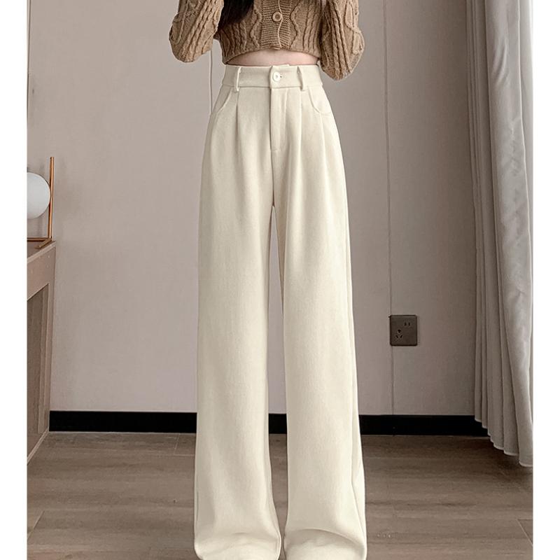 European Cotton Velvet Wide-Leg Pants for Women, Autumn, Winter, High Waist, Draped, Casual, Slim Fit, Straight-Leg Pants, Chenille Fleece-Lined