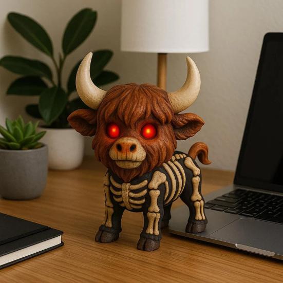 Halloween Skeleton Highland Cow Statue Spooky Red Eyes Highland Cattle Figurine Sculpture Home Office Desktop Decoration Ornament