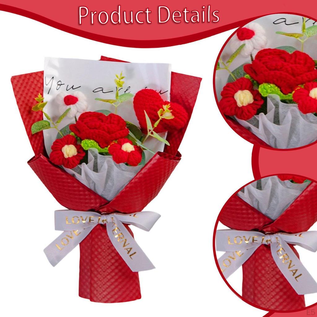 Completed Crochet Flower Bouquet Artificial Flowers Rose for Party Women's Day
