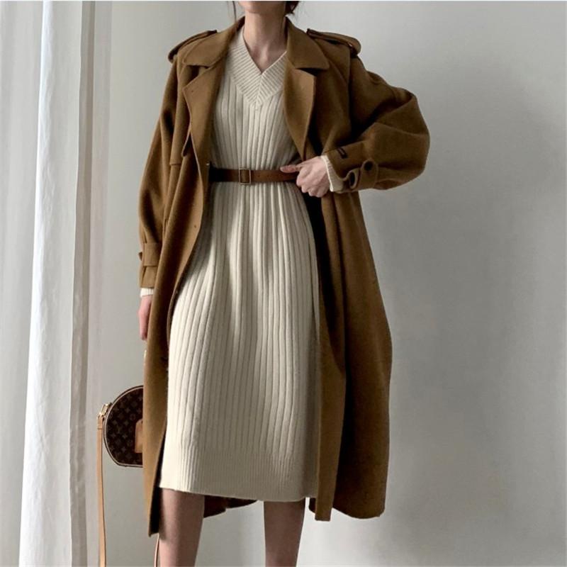 Korean Women's Winter Clothes Beige Knit Knitwear To Knee Long Dress Office Lady Pullovers Sweater Dresses For Women