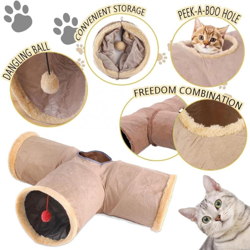 Pet Play Tube for Kittens, Puppy, Rabbits, Guinea Pigs, Suede Fabric Collapsible Cat Tunnel with Interactive Fringe Design for Indoor Exercise