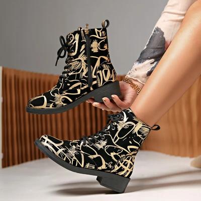 Inverno Novos Ankle Boots Impressão Aleatória Mulheres Salto De Luxo Sapatos Tendência Lace Up Neve Quente Tênis Designer Martin Botas Mujer