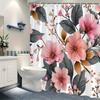 1Pc Pink Peony Branch Shower Curtain - Realistic Floral Design With Brown Branches & Dark Green Leaves On White Background,