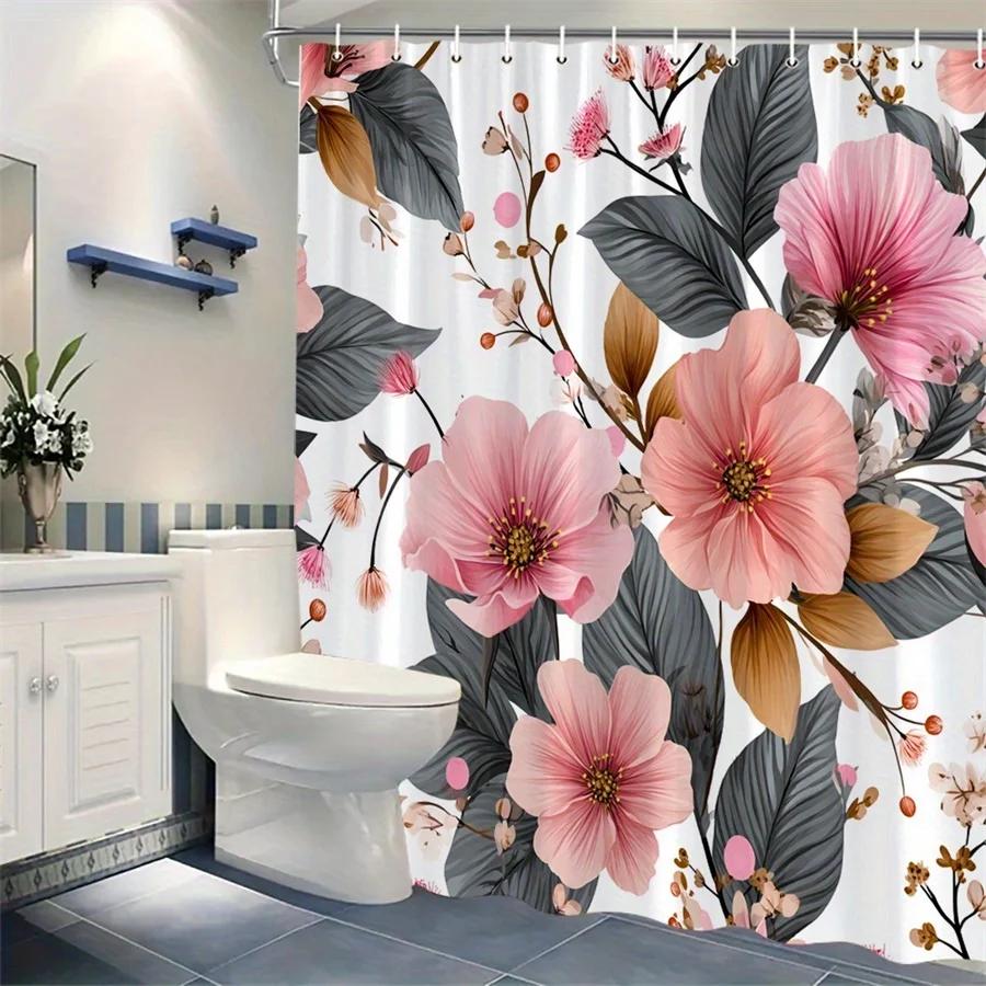 1Pc Pink Peony Branch Shower Curtain - Realistic Floral Design With Brown Branches & Dark Green Leaves On White Background,