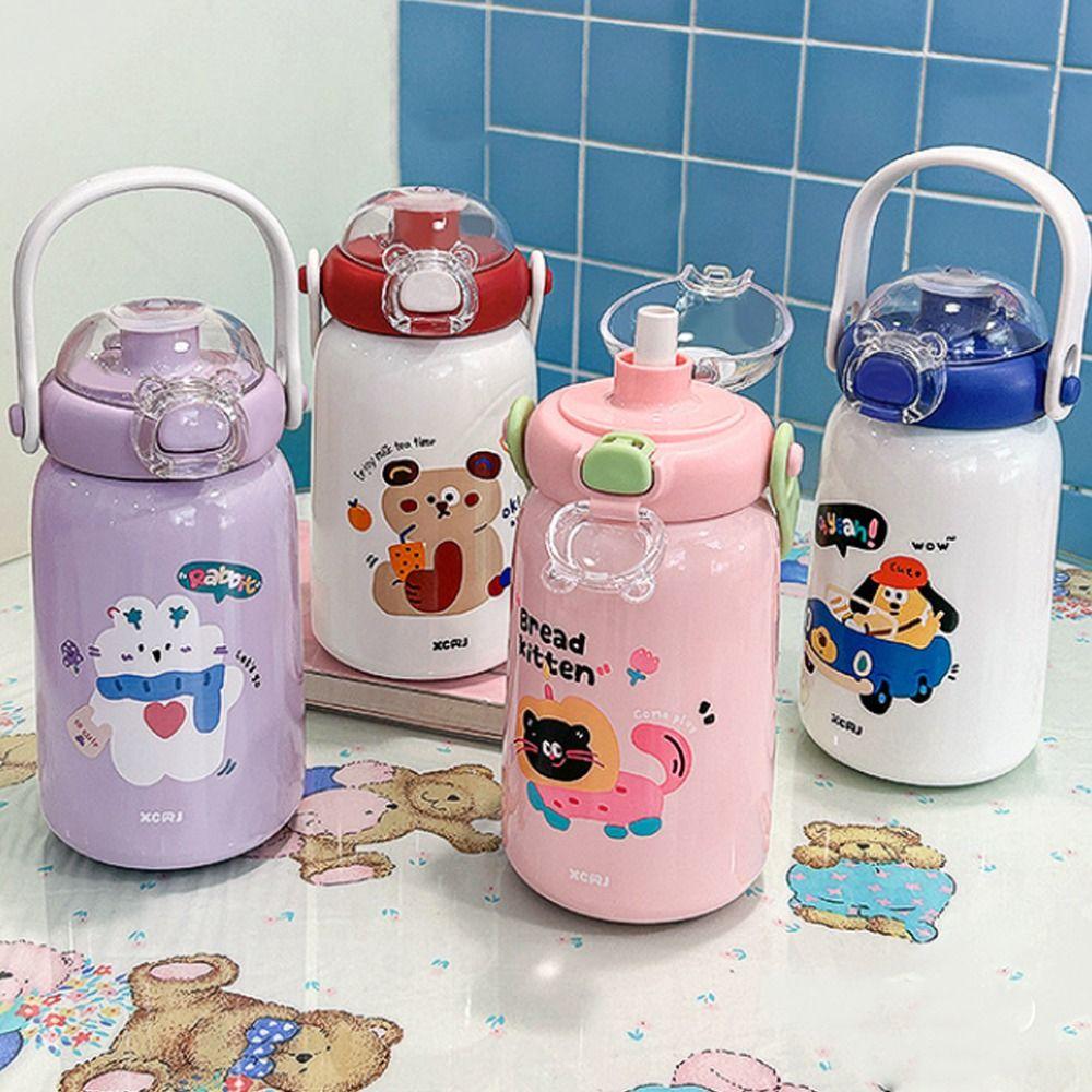 Large Capacity Vacuum Cup Double Drinking Straw Coffee Cup Cute Student Water Cup  for Children
