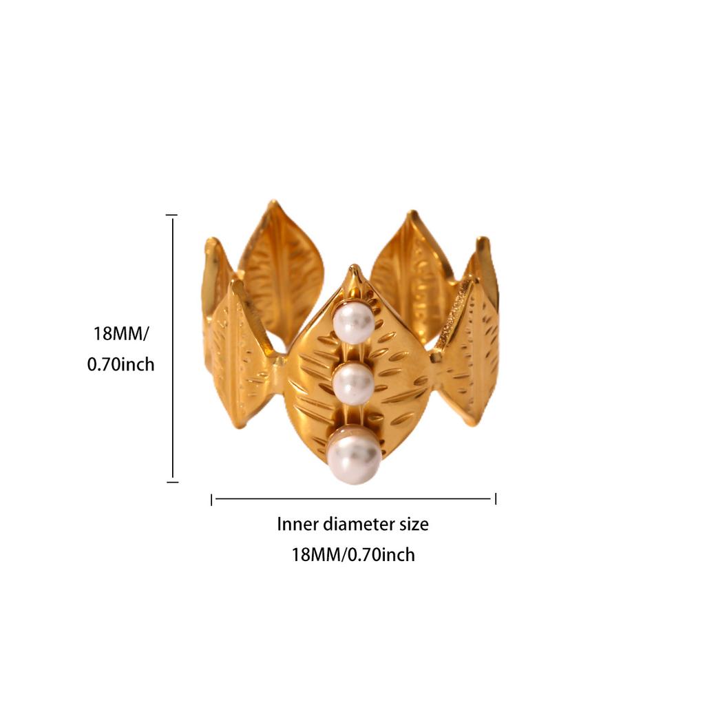 Imitation Pearl Leaf Rings For Women Men Gold Color Stainless Steel Ring Wedding Female Jewelry Christmas Gift Accessories