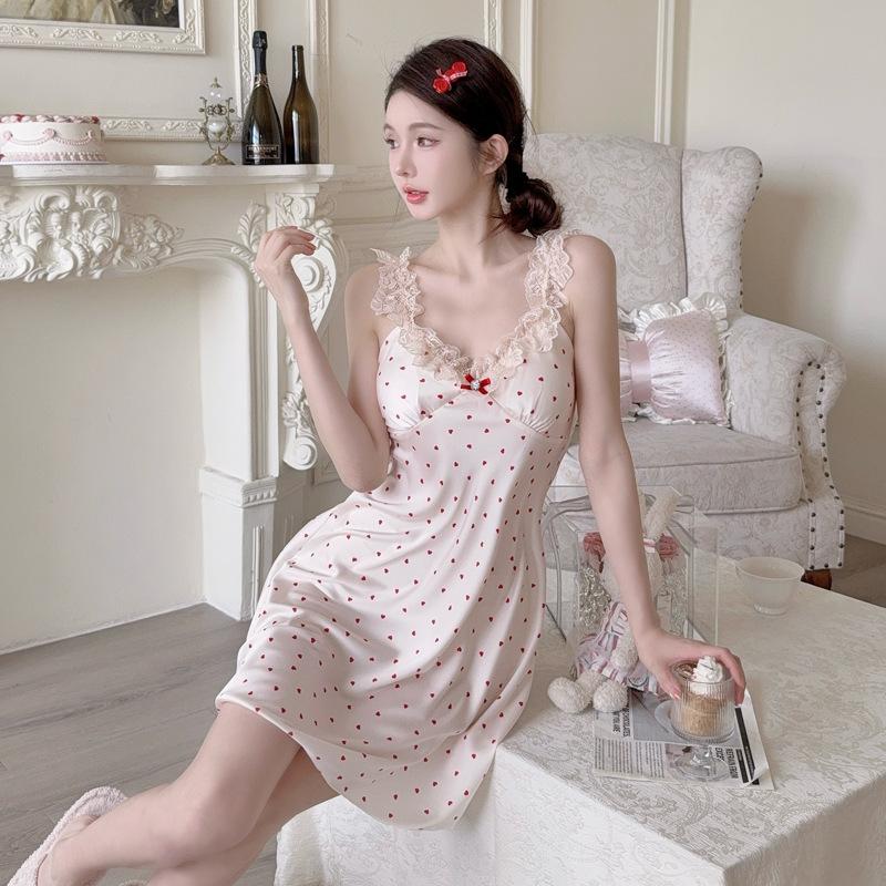 Internet Celebrity Sweet Ice Silk Nightdress Women's Summer Love Bubble Pink Polka Dot Suspender Skirt Thin Loungewear with Chest Pad