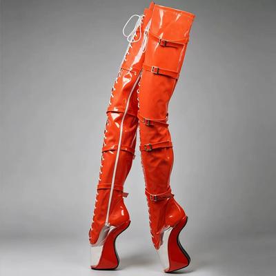 Stivali sexy 18 cm tacco alto con zoccolo lacci zip trasparente punta a punta stivali lunghi da donna sopra il ginocchio