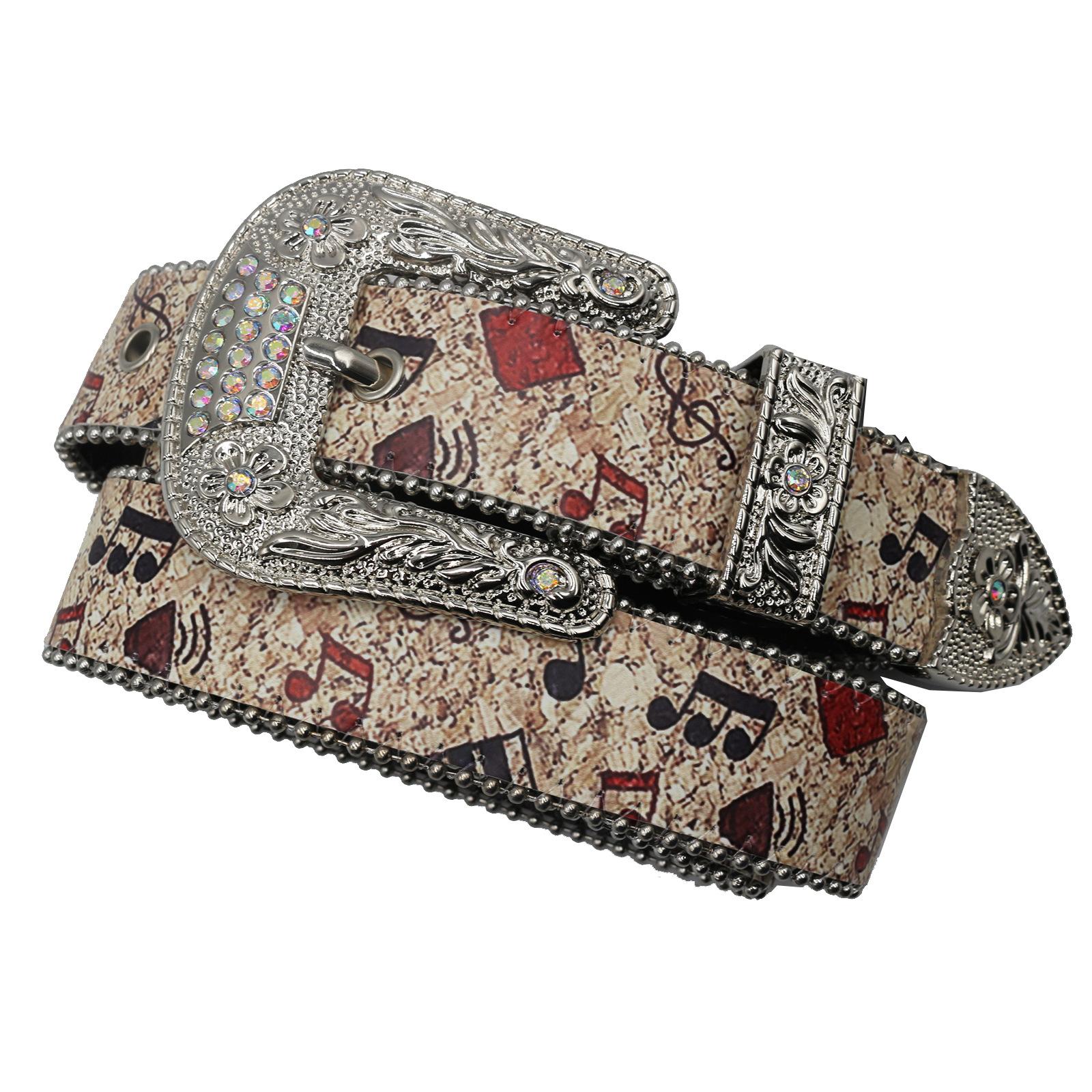 

Оригинальный дизайн ремня с принтом музыкальных нот и стразами Y2K Personality Trend Pu Leather Belt 125cm белый