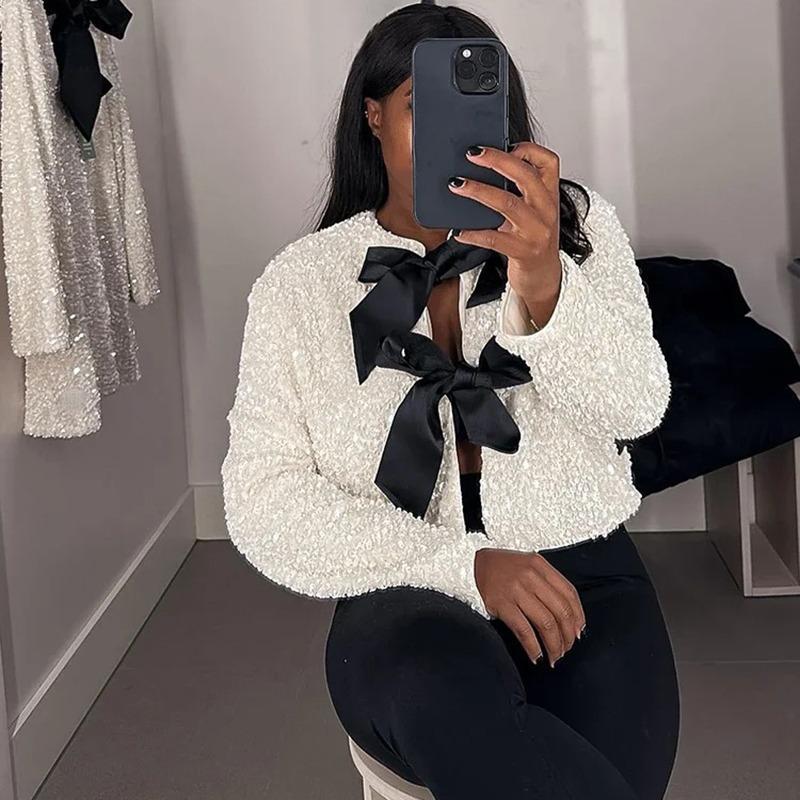 Elegant Bow Handmade Sequins Short Shirt Women Lace-Up Shinny Sweet Top New Fashion Long Sleeve O-neck Blouses Beautiful Thin Coat Casual Outwear