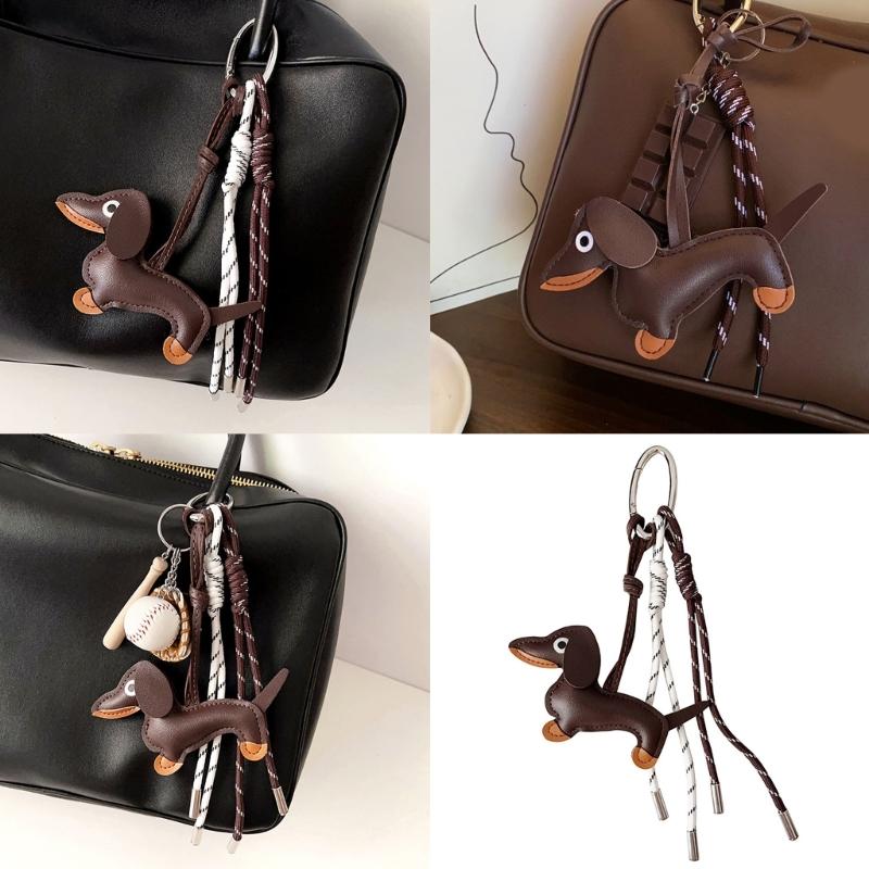 Vintage-Schlüsselanhänger aus PU-Leder mit Dackel, süßer Hundewelpen-Charme, geflochtenes Seil, Taschenanhänger für Autoschlüssel-Zubehör