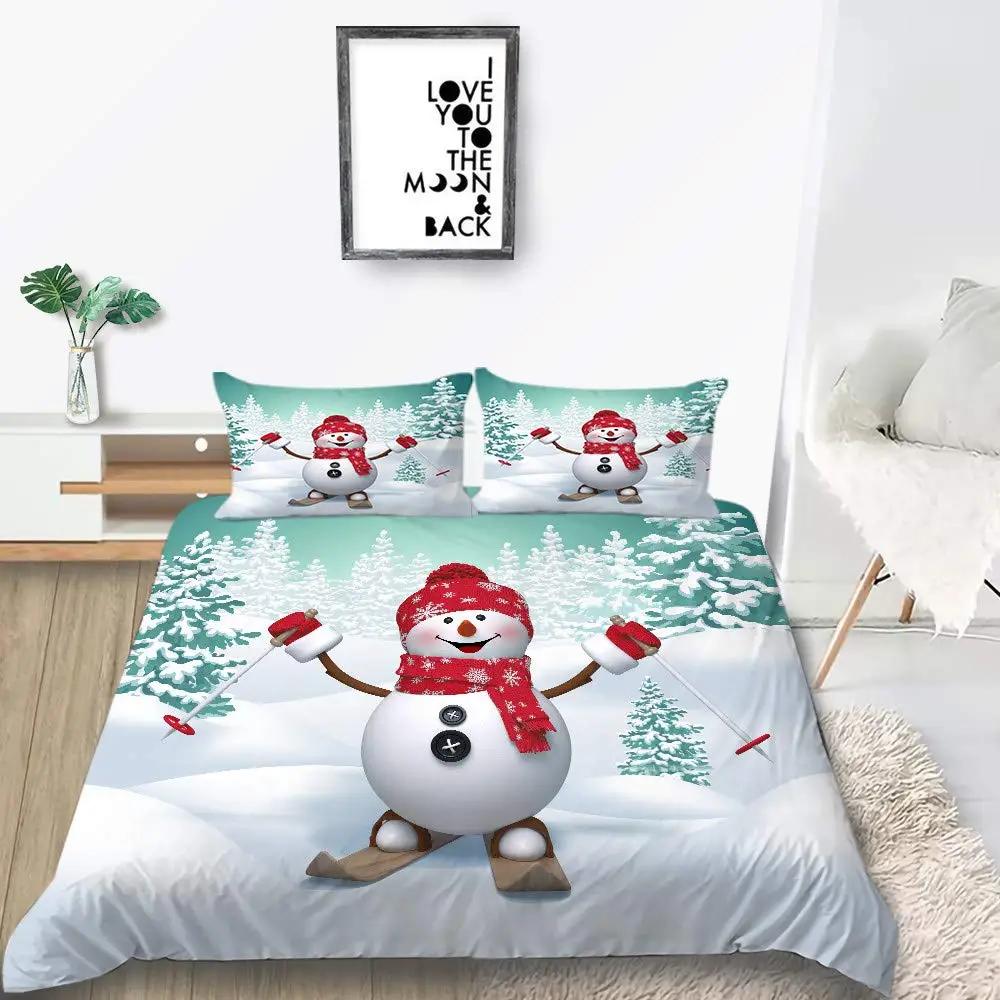 Weihnachten Schneemann König Königin Bettbezug Kinder Cartoon Bettdeckenbezug Weiß Winter Schneeflocke Bettwäsche Set Polyester Bettdeckenbezug