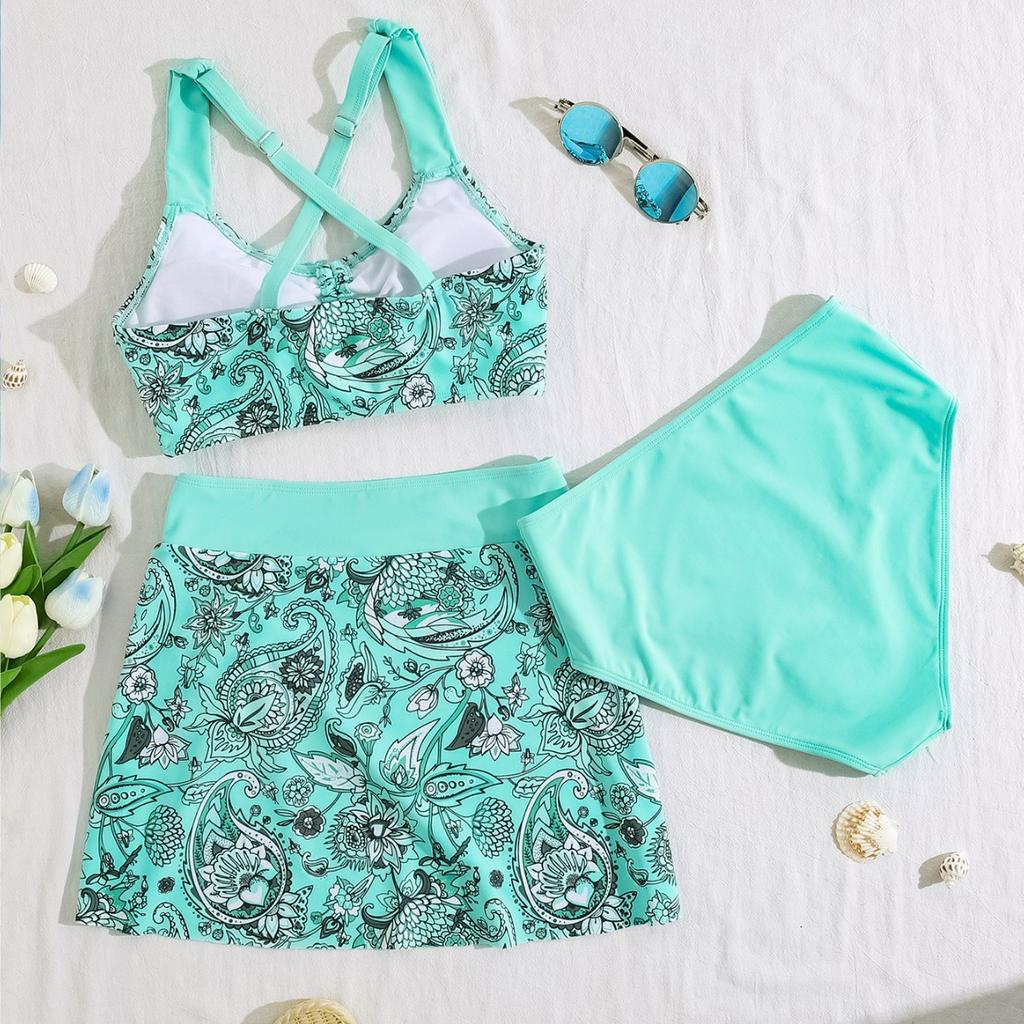 Bikini Due Pezzi Stampa Coulisse Vita Alta Taglie Forti Set Tre Pezzi Elegante