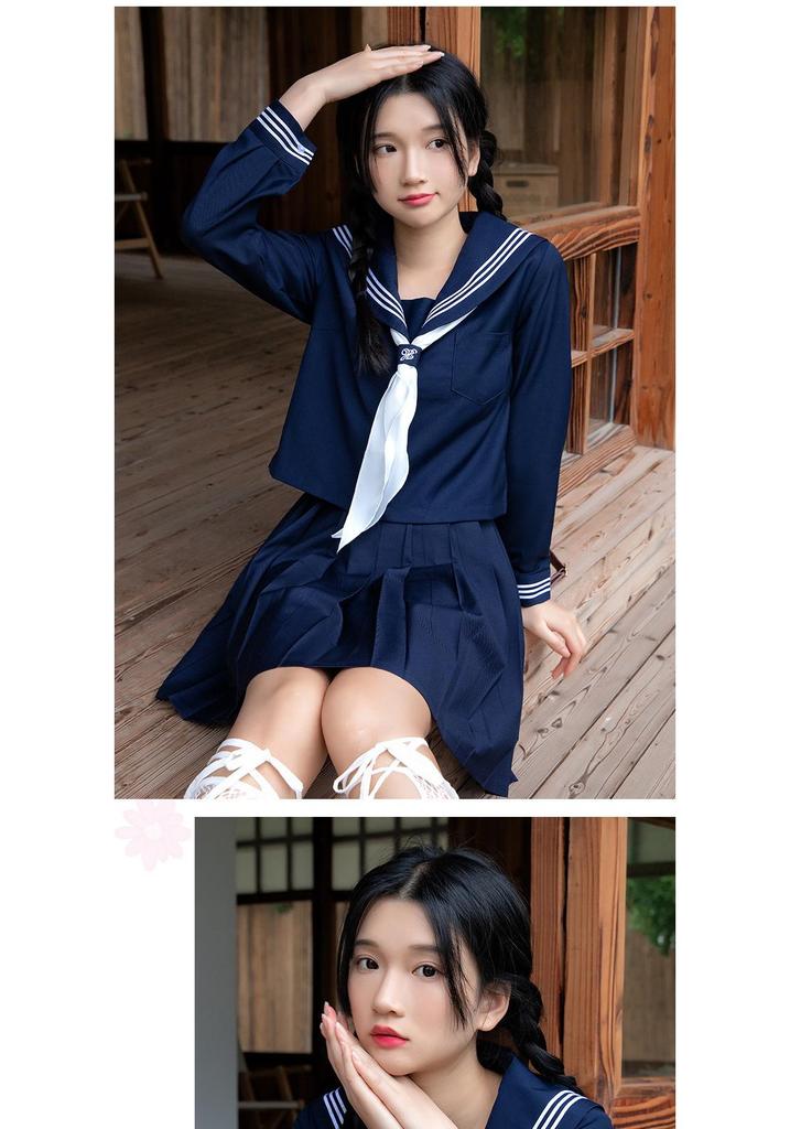 Navy Three-Piece Sailor-Style JK Uniform with Pleated Skirt Set