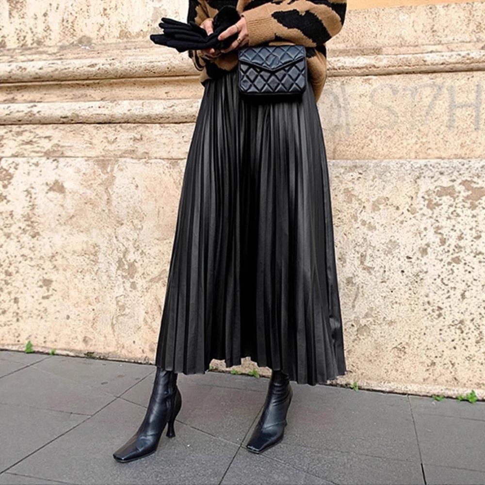 

Плиссированная Длинная Кожаная Юбка А-силуэта 2025 - Эластичная Юбка из ПУ с Высокой Талией для Осени Зимы. One Size чёрный