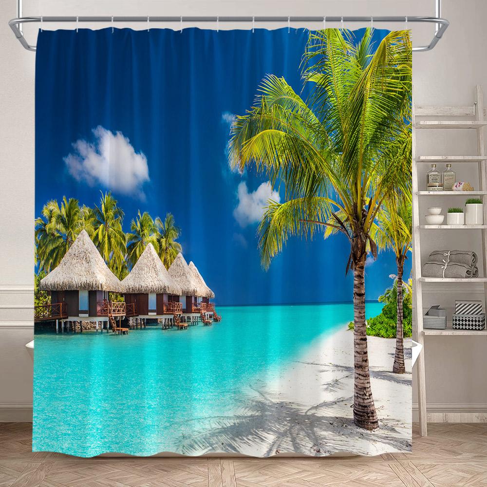 Tende da Doccia con Vista sull'Oceano Spiaggia dell'Isola Alberi di Cocco Hawaii Paesaggio Naturale Tessuto da Appendere alla Parete di Casa Decorazione per Tende da Bagno