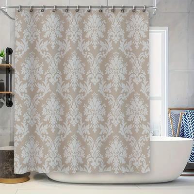 Vintage Damask Shower Curtain: Elegant White Pattern Bathroom Liner for Home Decor Beige Grey Set with Hooks Size 72x84 Inches